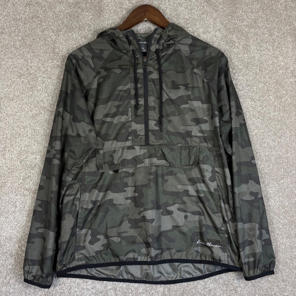 Eddie Bauer Womens Camo Half Zip Hooded Windbreaker Jacket Green Medium